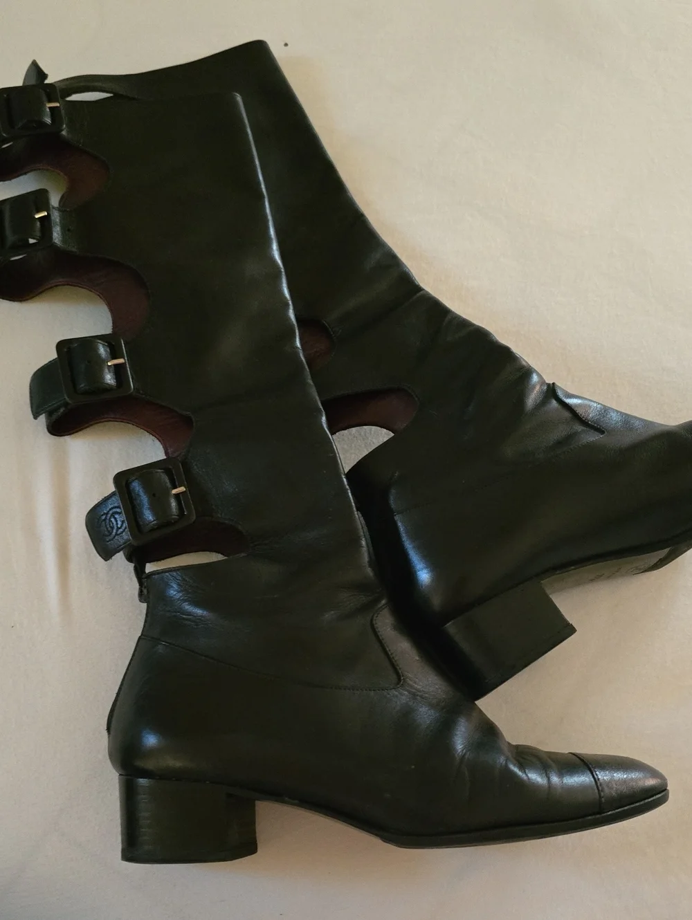 CHANEL Black Leather Mid-Calf Buckle Boots